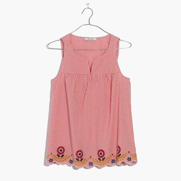 Madewell Red and White Gingham Tank Top with Embroidered Scalloped Hem - Picture 2 of 4